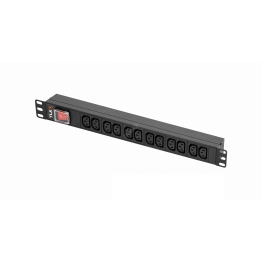 Блок розеток TLK 19д 12 гнезд C13 макс. нагрузка 10 А без шнура питания вход С14 + предохранитель 10 А металлический корпус макс. мощность 2500 Вт 483*44.4*44.4 мм