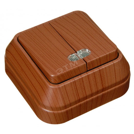 Выключатель двухклавишный наружный с подсветкой орех