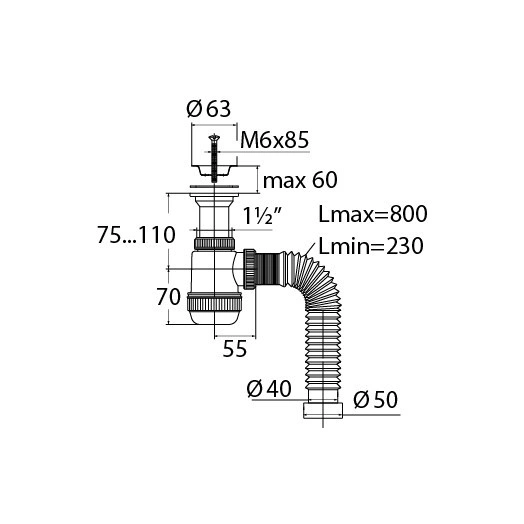 Сифон МИНИ ЭЛИТ для раковин 1'1/2 x 40/50 мм с нержавеющей чашкой 63 мм и с гофротрубой L800 мм, литой выпуск
