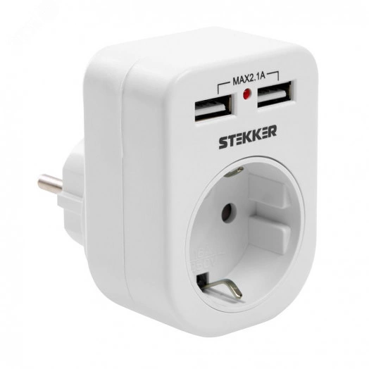 Переходник сетевой с/з c 2 USB 2,1А, STEKKER, 250В, 16A, IP20, белый
