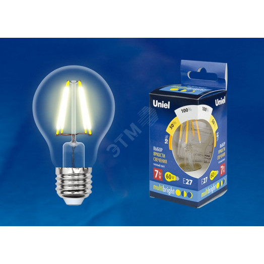 Лампа светодиодная с трехступенчатым диммером 100-50-10 LED 7вт 175-250В форма А 630Лм Е27 3000К Uniel Multibrigh филамент