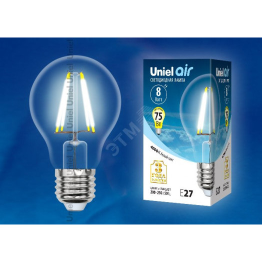 LED-A60-8W/NW/E27/CL GLA01TR Лампа светодиодная. Форма ''A'', прозрачная. Серия Air. Белый свет (4000K). Картон. ТМ Uniel