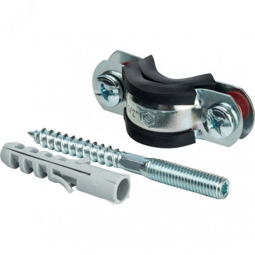 Хомут сантехнический с шпилькой шурупом и пластиковым дюбелем 1/2' (20-24 мм) оцинкованная сталь с резиновым уплотнением