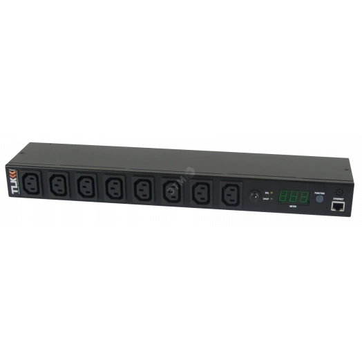 Блок розеток TLK Серия MN (Monitored) 19д 8 гнезд C13 макс. нагрузка 16 А шнур питания 3 м. вилка С20 цифровое измерение силы тока на входе металлический корпус макс. мощность 4000 Вт 432*44*90 мм цвет черный.