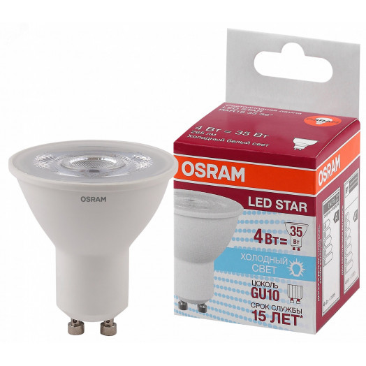 Лампа светодиодная LED 4Вт GU10 4000К 265лм 230V CL PAR16 (замена 35Вт) OSRAM LS