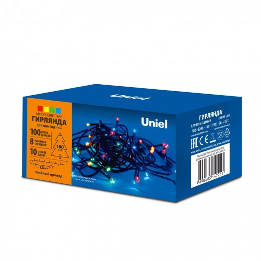 Гирлянда светодиодная 10м 100 светодиодов ULD-S1000-100/DGA MULTI IP20 Разноцветный свет Провод зеленый