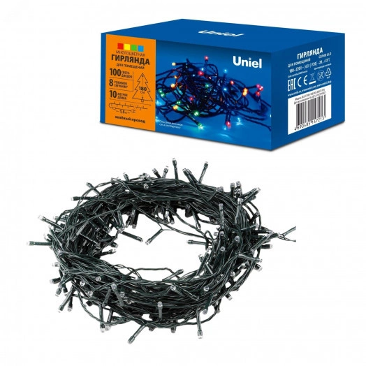 Гирлянда светодиодная 10м 100 светодиодов ULD-S1000-100/DGA MULTI IP20 Разноцветный свет Провод зеленый