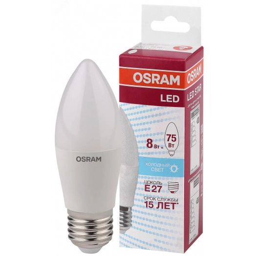Лампа светодиодная LED 8Вт E27 CLB75 белый, матов.свеча OSRAM