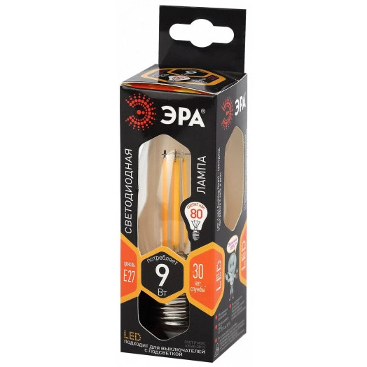 Лампа светодиодная F-LED B35-9w-827-E27  (филамент, свеча, 9Вт, тепл, E27) (10/100/5000) ЭРА