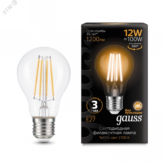 Лампа светодиодная LED 12 Вт 1200 Лм 2700К теплая Е27 А60 Filament Gauss