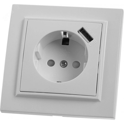 Розетка 1-местная с/з  и с USB, серия Эрна, белый, Stekker