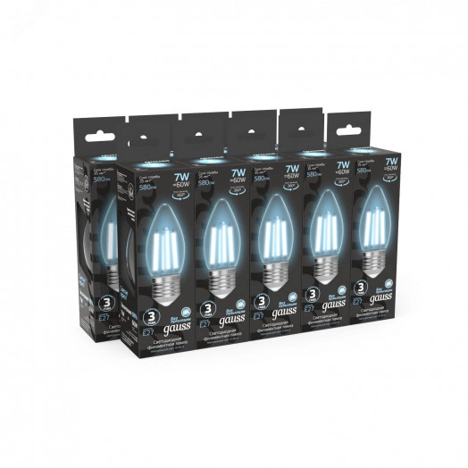 Лампа светодиодная LED 7Вт 580Лм 4100К белая Е27 Свеча Filament Gauss