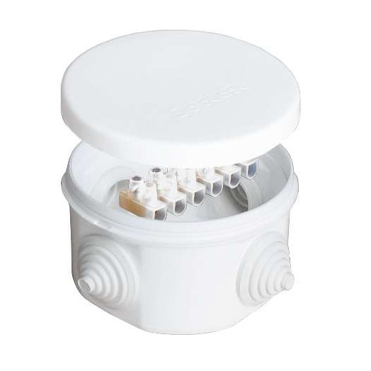 Коробка распределительная ОП d75х45мм IP54 с клемм. 4 выхода 4 гермоввода 10А 6 контактов крышка защелкивающаяся бел. Epplast 240343