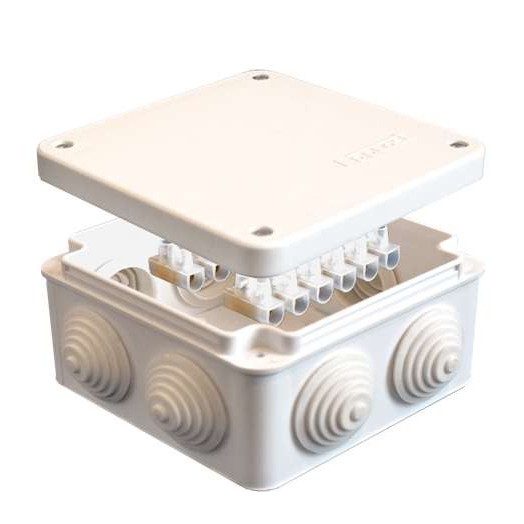 Коробка распределительная ОП 105х105х56мм IP54 с клемм. 7 выходов 4 гермоввода 10А 12 контактов крышка на винтах бел. Epplast 110043