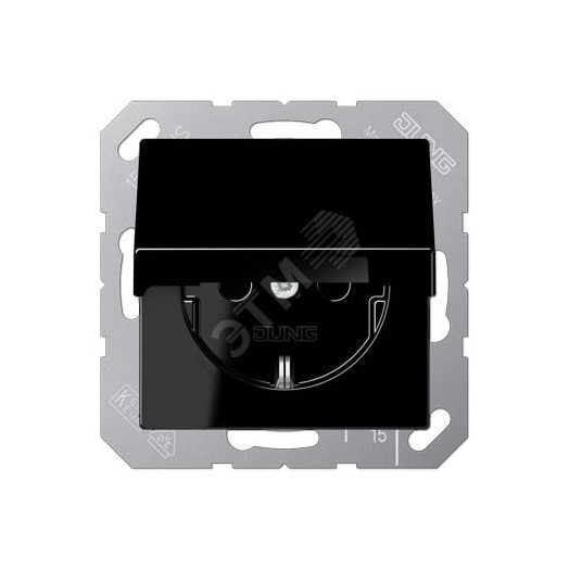 Штепсельная розетка SCHUKO одинарная, с заземлением, с крышкой, без шторок, 16A, 250В  (механизм + накладка, без рамки). Серия A500  Материал- термопласт  Цвет- черный