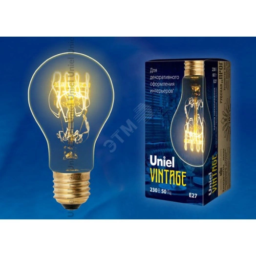 Лампа накаливания декоративная ЛОН 60 вт 300 Лм Е27 VintageL-V-A60-60/GOLDEN/E27 SW01 Uniel