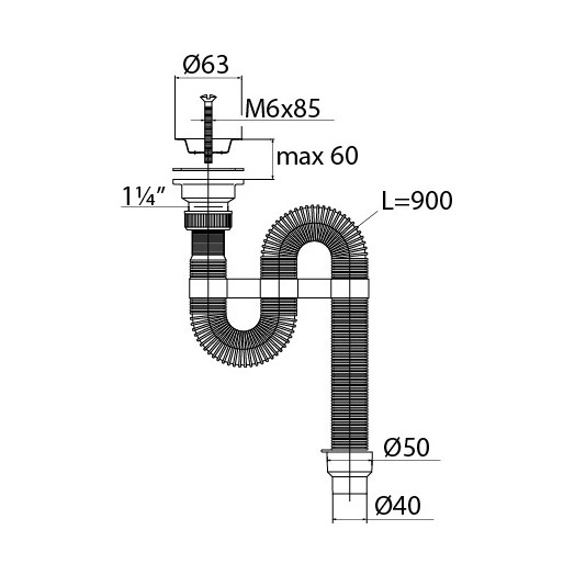 Cифон VIR гофрированный с нержавеющей  чашкой D63 мм 1'1/4- D40/50