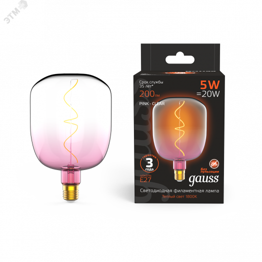 Лампа светодиодная LED 5 Вт 200 Лм 1800К теплая Е27 V140 pink-clear flexible Filament Gauss