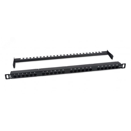 Патч-панель PLHD-24-Cat.5e-Dual-180-0,5U высокой плотности 19' (0,5U), 24 порта RJ-45, категория 5e, Dual IDC,180 градусов, с задним кабельным организатором