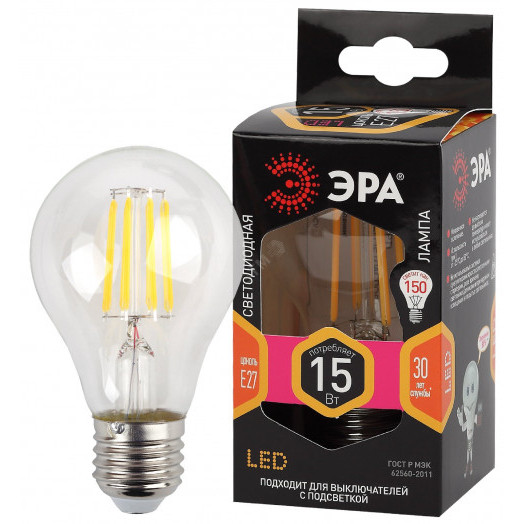 Лампа светодиодная F-LED A60-15W-827-E27  (филамент, груша, 15Вт, тепл, Е27) (10/100/1500) ЭРА