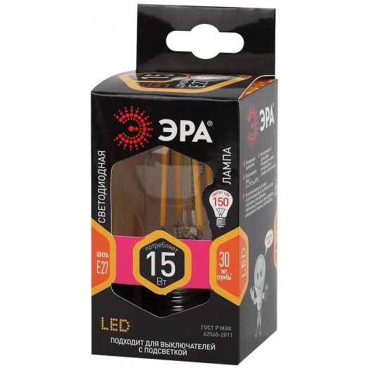 Лампа светодиодная F-LED A60-15W-827-E27  (филамент, груша, 15Вт, тепл, Е27) (10/100/1500) ЭРА