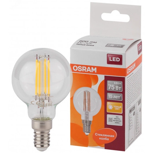 Лампа светодиодная LED 6Вт E14 CLP75 тепло-бел, Filament прозр.шар OSRAM