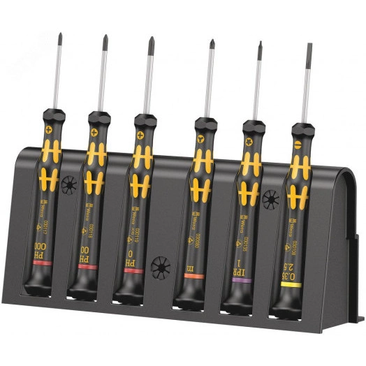Набор отвёрток антистатических для прецизионных работ + подставка 6 предметов комплектация: 3x 1550 PH ESD Отвёртка крестовая Kraftform Micro: PH 000x40 PH 00x40 PH 0x40 1x 1578 A ESD Отвёртка шлицевая Kraftform Micro 0.35 x 2.5 x 40 мм 1x 1567