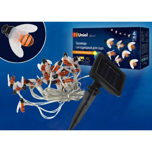 Садовая гирлянда на солнечной батарее ''Пчелки''. 20 светодиодов. USL-S-127/PT4000 BEES  Теплый белый  свет. 1*АА Ni-Mh аккумулятор в/к. IP44. TM Uniel.