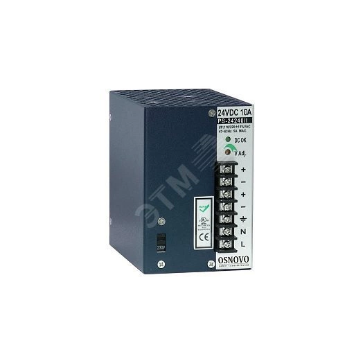 Блок питания промышленный. DC24V, 10A(240W). Диапазон входных напряжений AC115, 230V. КПД 82%.