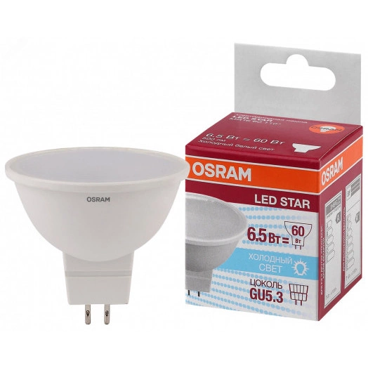 Лампа светодиодная LED 6,5Вт GU5.3 4000К 500лм 230V FR MR16 (замена 60Вт) OSRAM LS