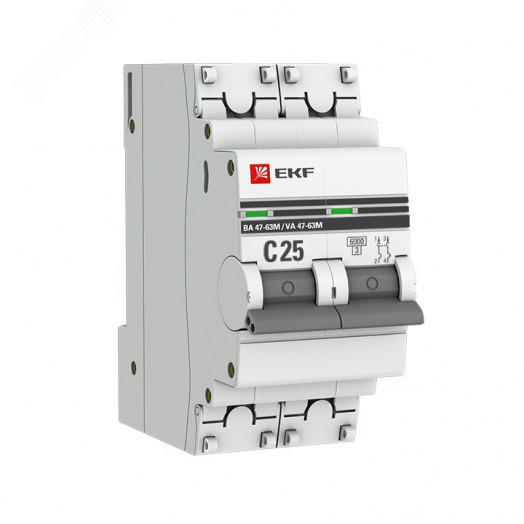 Автоматический выключатель 2P 25А (C) 6кА ВА 47-63M c электромагнитным расцепителем EKF PROxima