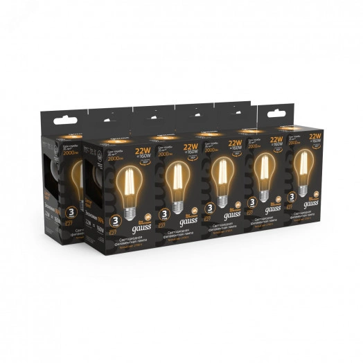 Лампа светодиодная LED 22Вт 2000Лм 2700К теплая Е27 А70 Filament Gauss