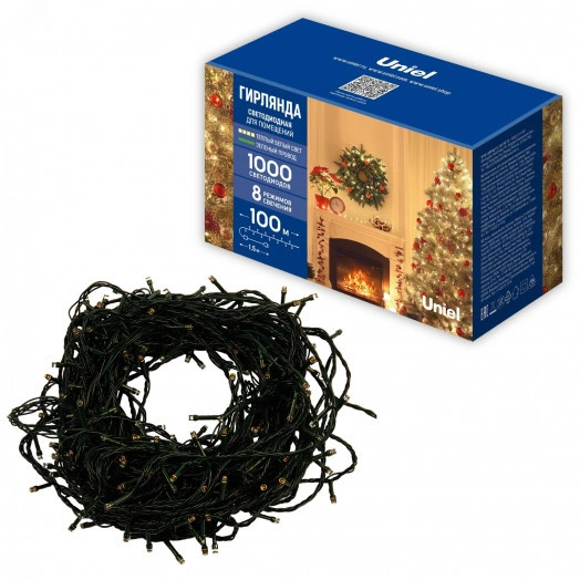 Гирлянда ULD-S10000-1000/DGA WARM WHITE IP20  светодиодная, 100м. 1000 светодиодов. Теплый белый свет. Провод зеленый. ТМ Uniel