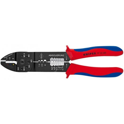 Пресс-клещи для резки и зачистки кабеля опрессовки кабельных наконечников и штекеров 3 гнезда обжим кабельных наконечников с изолятором и кабельных соединителей: 05-60 мм (AWG 20 - 10) j обжим штекеров открытых неизолированныеованных шириной 63