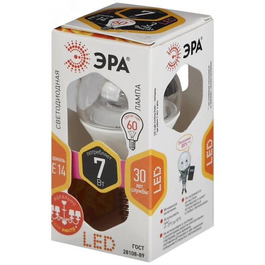 Лампа светодиодная LED P45-7W-827-E14-Clear  (диод,шар,7Вт,тепл, E14) (6/60/2400) ЭРА