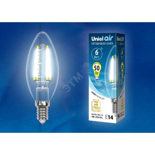 LED-C35-6W/NW/E14/CL GLA01TR Лампа светодиодная. Форма ''свеча'', прозрачная. Серия Air. Белый свет (4000K). Картон. ТМ Uniel
