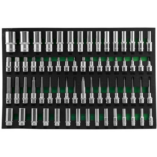 Набор головок торцевых глубоких 3/8'', 1/2''DR и насадок торцевых 1/2''DR с вставками-битами в EVA ложементе 560x400 мм, 66 предметов