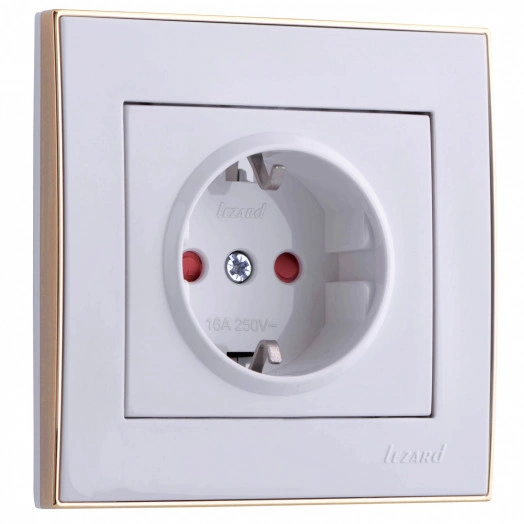 Розетка RAIN с защитой от детей керамика белая с боковой вставкой золото