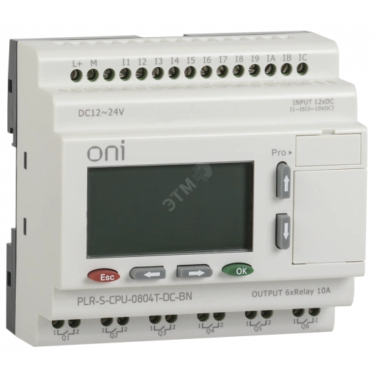 Программируемое логическое реле ONI. Не расширяемая версия. Со встроенным экраном. 8 дискретных входов (4 как аналоговые 0-10В, 4 до 60кГц), 4 транзисторных выхода (2 с ШИМ до 10кГц). Напряжение питания 24В DC