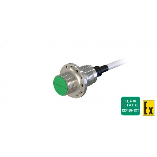 Датчик индуктивный взрывобезопасный ДВИ-М18-34В-1130-Х.2 Расстояние срабатывания Sn: 5 мм Частота переключения: 800 Гц Материал корпуса: Нержавеющая сталь Диаметром 18 мм IP67 Кабель 2 м со штуцером (ПВС ХЛ 2х0,35 мм2)