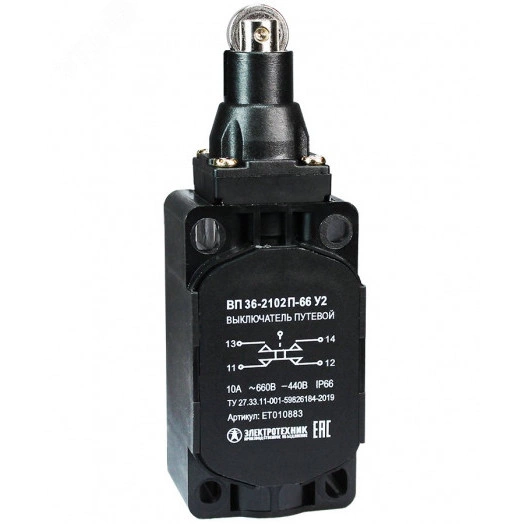 ВП 36-2102П-66 У2, толкатель с роликом, 1з+1р, безинерционный, 30х60 мм, без сальника, 3А, IP66, выключатель путевой  (ЭТ)