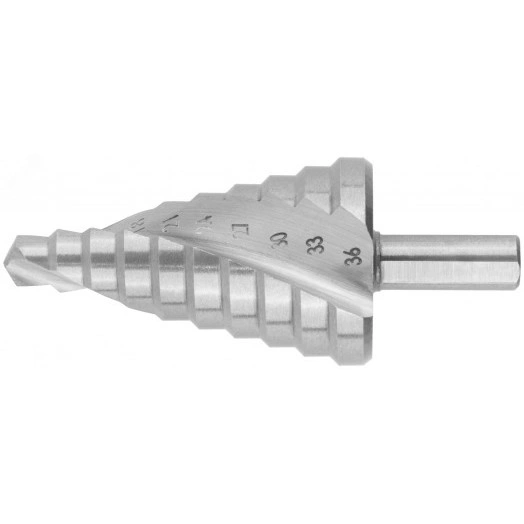 Сверло ступенчатое HSS по металлу, спиральный профиль, 10 ступеней, 9-36 мм