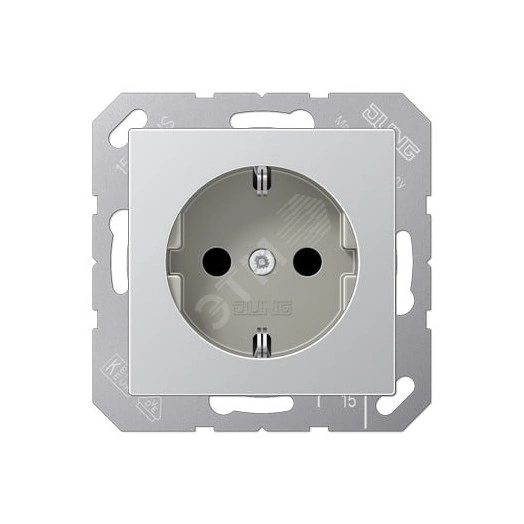 Штепсельная розетка SCHUKO одинарная, с заземлением, без шторок, 16A, 250В  (механизм + накладка, без рамки). Серия A500  Материал- дуропласт  Цвет- алюминий