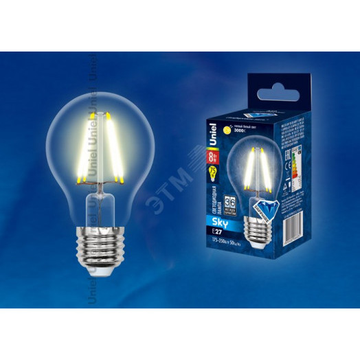 Лампа светодиодная LED 8вт 200-250В форма А прозрачное 800Лм E27 3000К Uniel Sky филамент