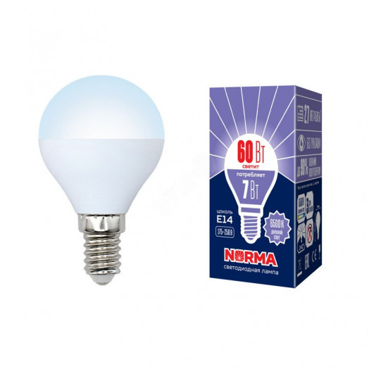 Лампа светодиодная LED-G45-7W/DW/E14/FR/NR Форма шар, матовая. Серия Norma. Дневной белый свет (6500K). Картон. ТМ Volpe