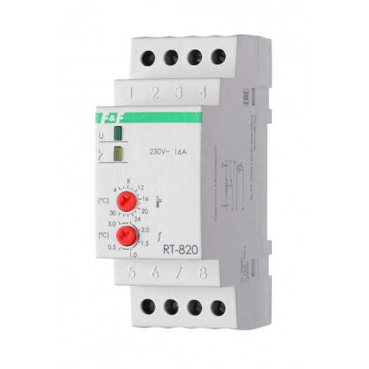 Терморегулятор RT-820 (+4°C-+30°C) на шину DIN, с датчиком RT на проводе, 16А