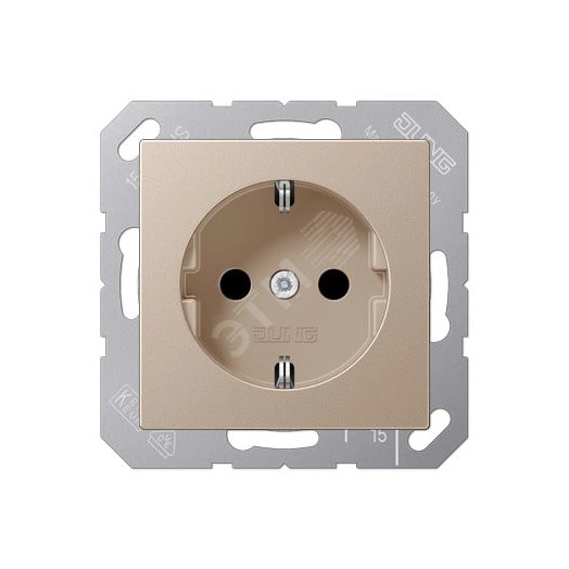 Штепсельная розетка SCHUKO одинарная, с заземлением, без шторок, 16A, 250В  (механизм + накладка, без рамки). Серия A500  Материал- дуропласт  Цвет- шампань