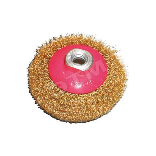 Кордщетка-колесо с наклоном, гайка М14, стальная волнистая латунированная проволока 125 мм