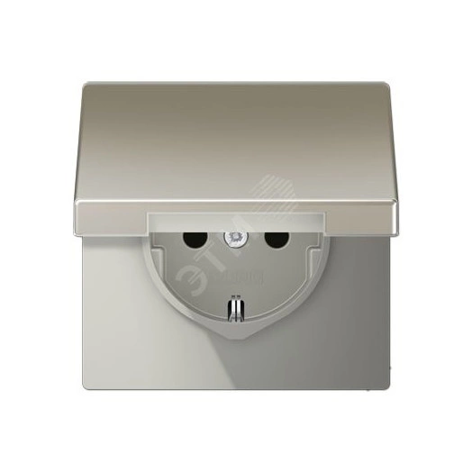 Штепсельная розетка SCHUKO одинарная, с заземлением, с шторками, с откидной крышкой, 16A, 250В  (механизм + накладка, без рамки). Серия LS990  Материал- металл  Цвет- благородная сталь
