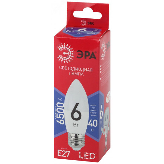 Лампа светодиодная LED B35-6W-865-E27 R  (диод, свеча, 6Вт, хол, E27) (10/100/3500) ЭРА